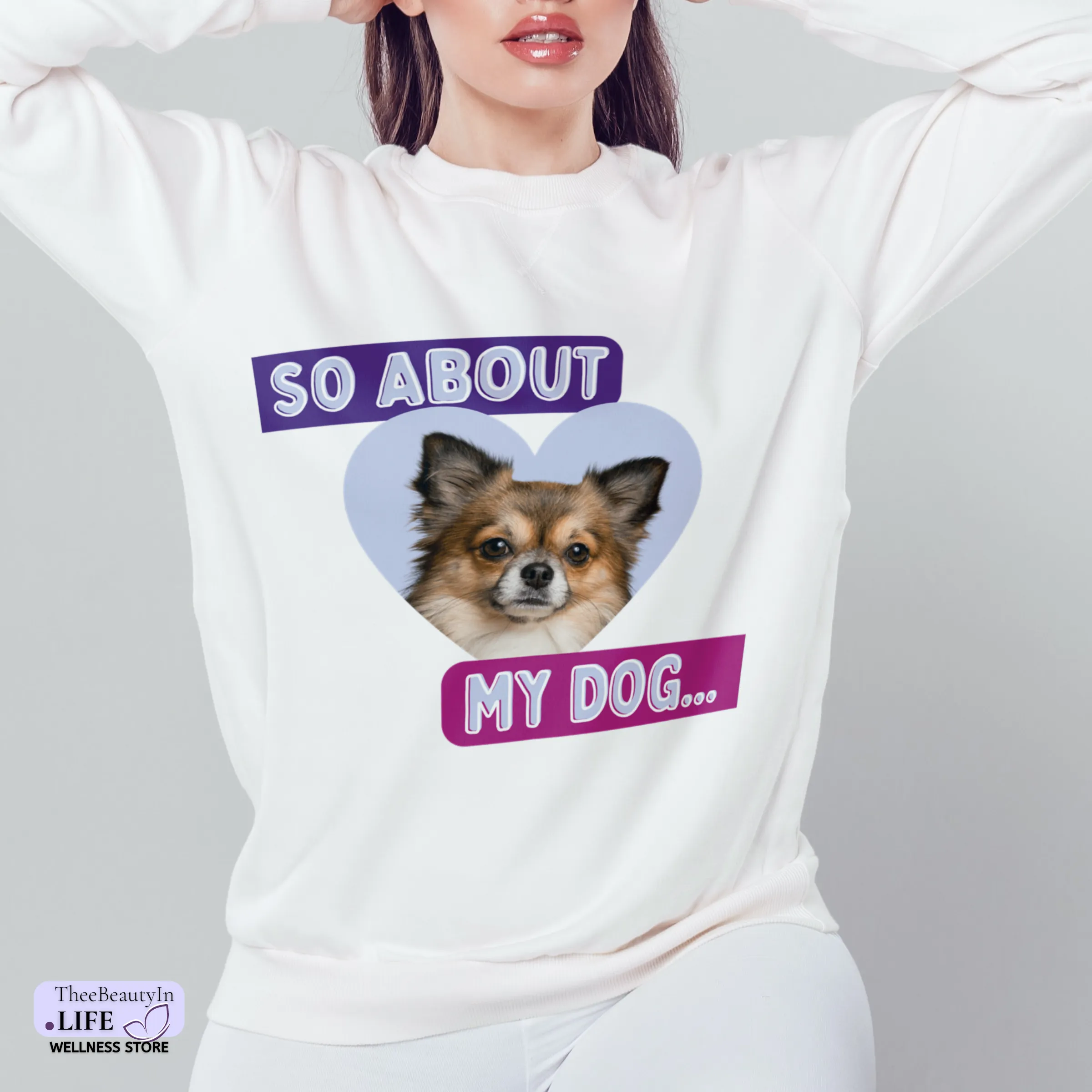 Crewneck Sweatshirt - About My Dog | Custom Photo Shirt for Dog Owner | Honeycomb Gold Long Sleeved Sweater | Colorful Sweatshirt with Hearts | Personalized Gifts