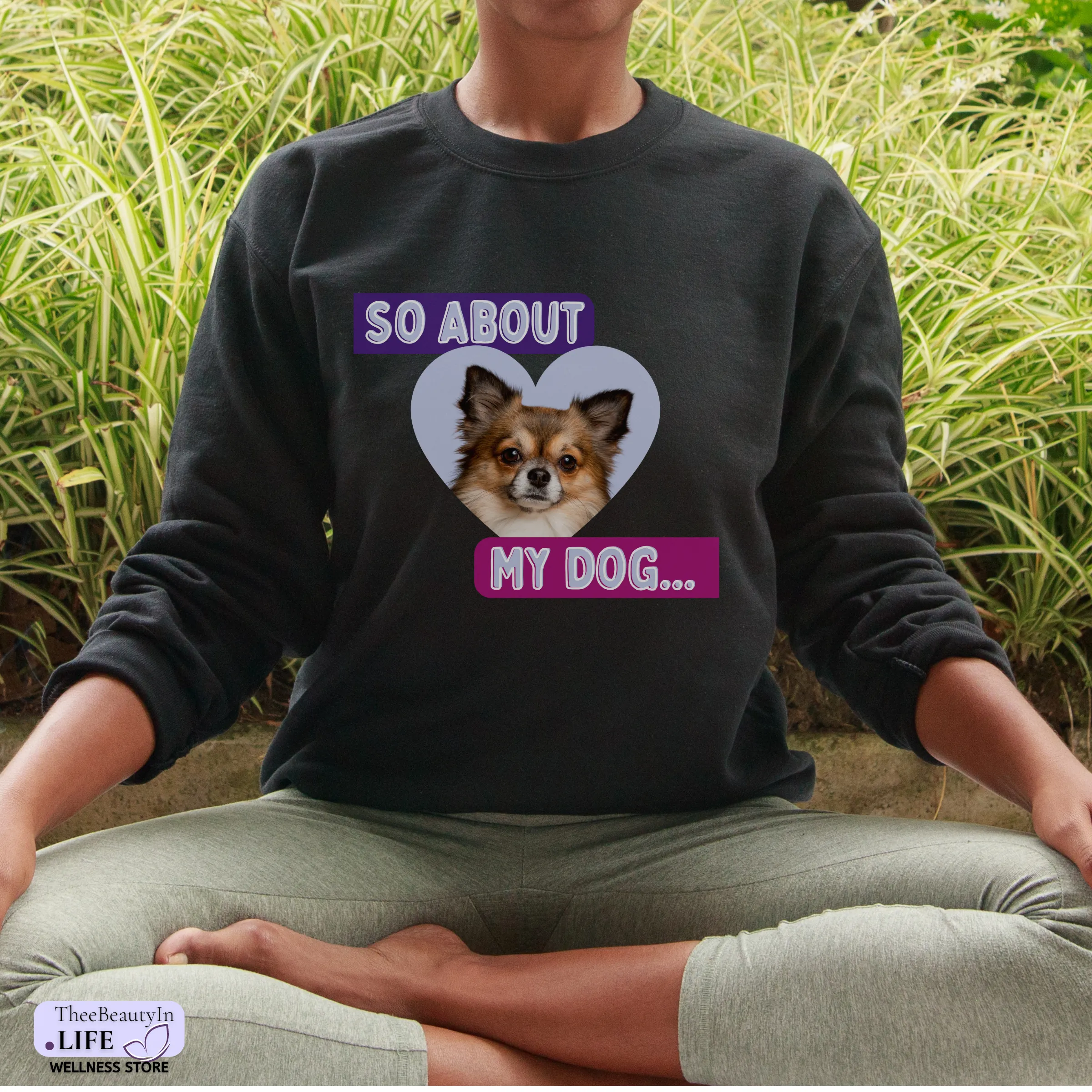 Crewneck Sweatshirt - About My Dog | Custom Photo Shirt for Dog Owner | Honeycomb Gold Long Sleeved Sweater | Colorful Sweatshirt with Hearts | Personalized Gifts