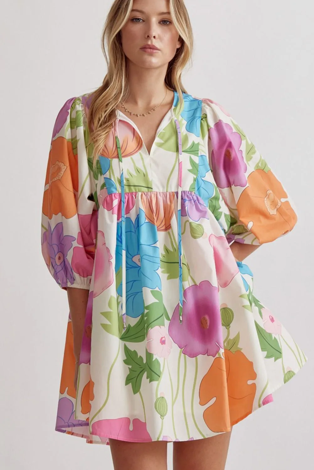 Dark Blue Floral Lantern Sleeve Split Neck Babydoll Dress