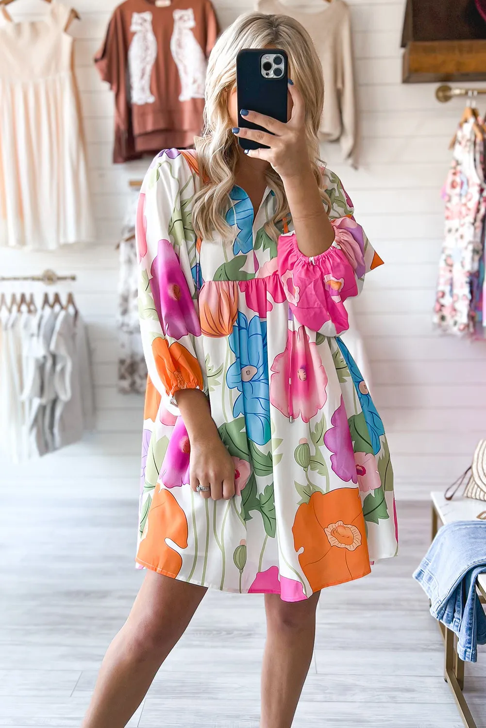 Dark Blue Floral Lantern Sleeve Split Neck Babydoll Dress