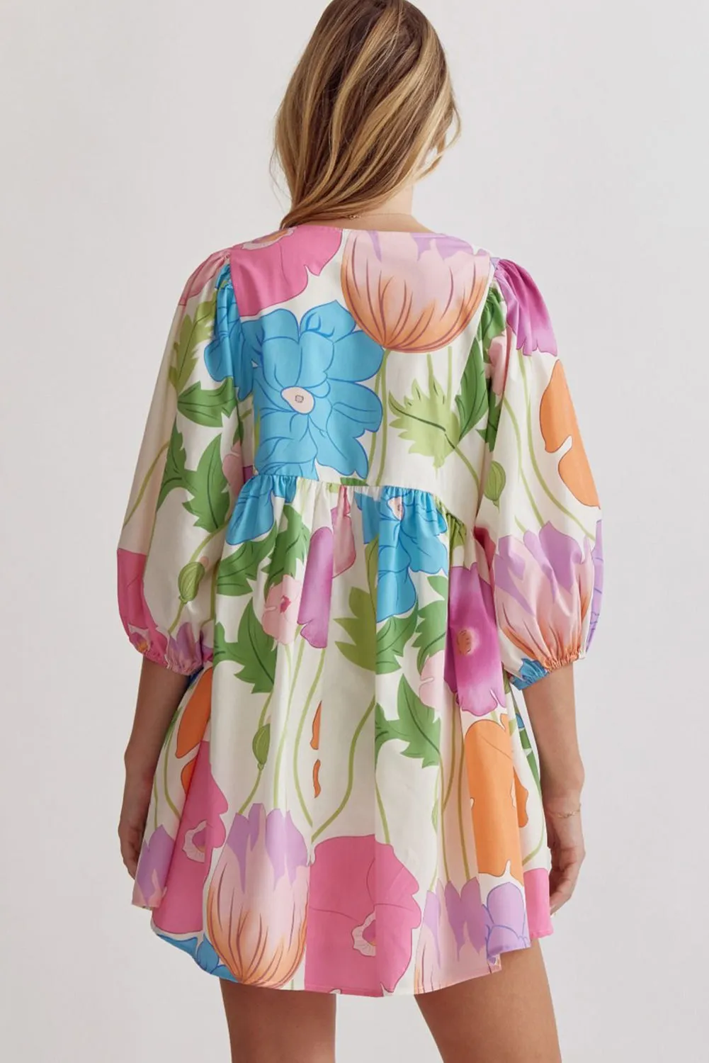 Dark Blue Floral Lantern Sleeve Split Neck Babydoll Dress