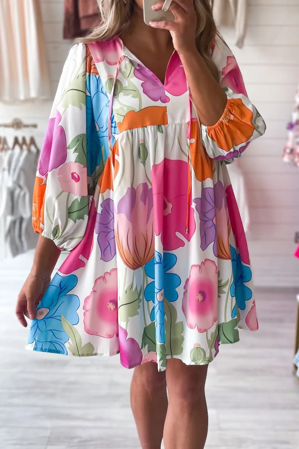 Dark Blue Floral Lantern Sleeve Split Neck Babydoll Dress