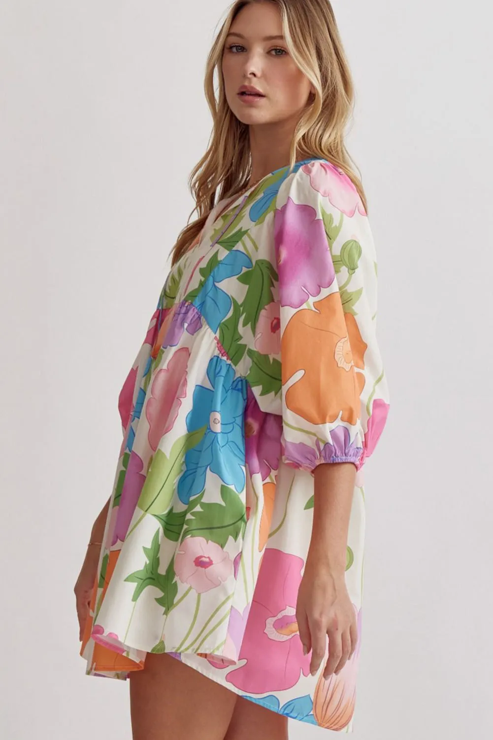 Dark Blue Floral Lantern Sleeve Split Neck Babydoll Dress