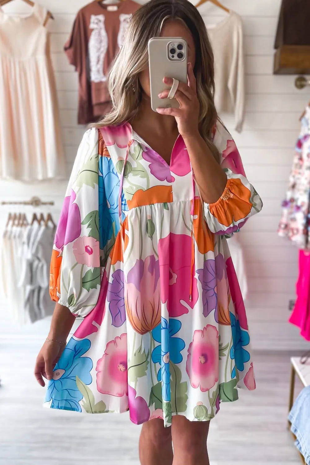 Dark Blue Floral Lantern Sleeve Split Neck Babydoll Dress