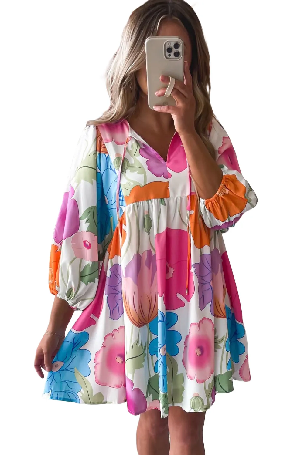 Dark Blue Floral Lantern Sleeve Split Neck Babydoll Dress