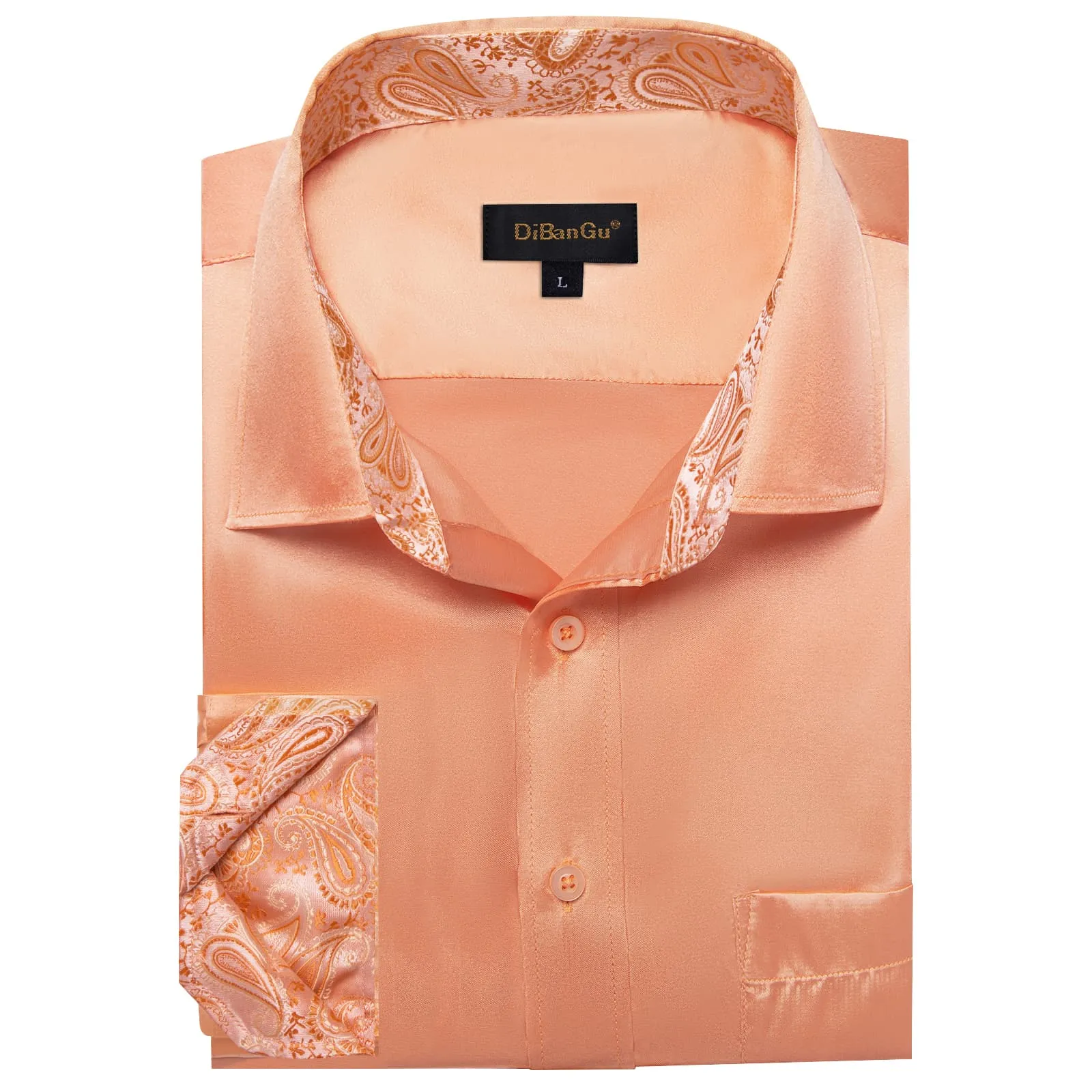 DiBanGu Collar Shirt Light Salmon Orange Satin Splicing Solid Button Down Mens Shirt