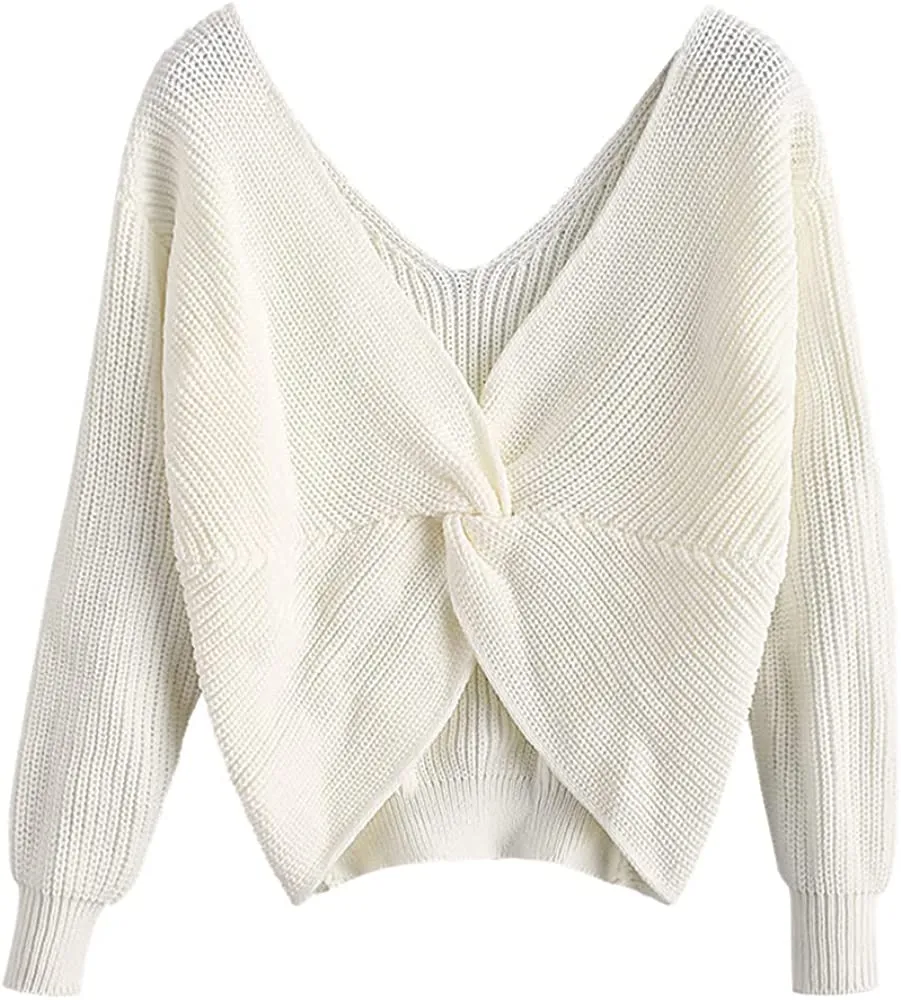 FashionSierra - Women's V-Neck Criss Cross Twisted Back Pullover Knitted Crop Sweater