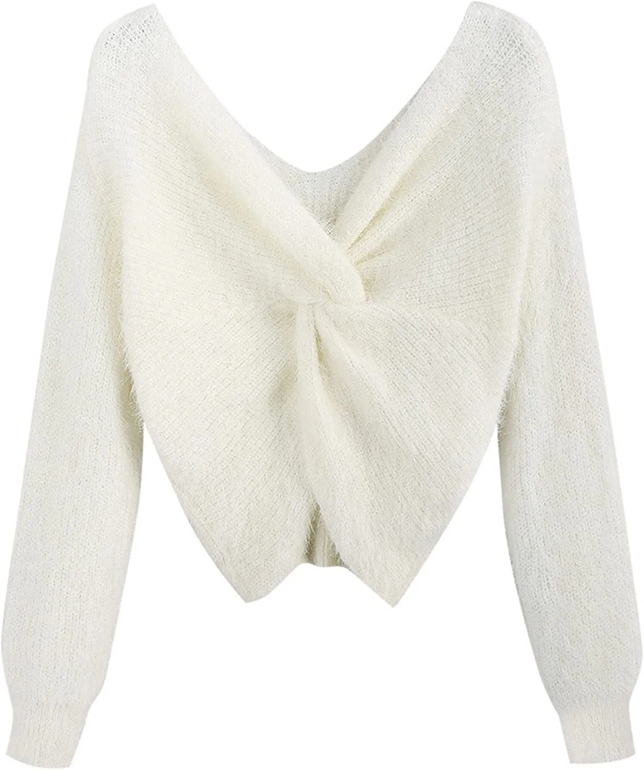 FashionSierra - Women's V-Neck Criss Cross Twisted Back Pullover Knitted Crop Sweater