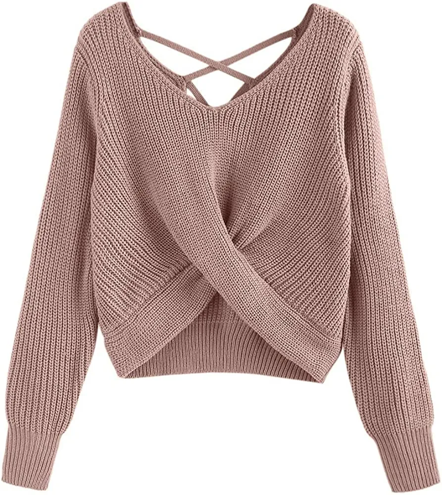FashionSierra - Women's V-Neck Criss Cross Twisted Back Pullover Knitted Crop Sweater