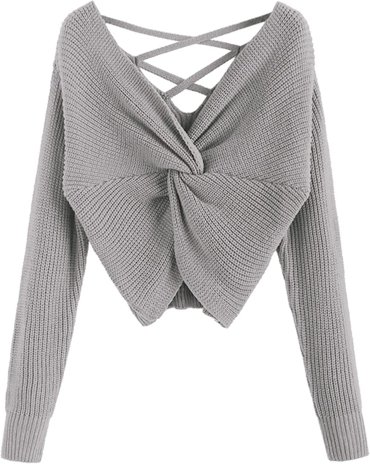 FashionSierra - Women's V-Neck Criss Cross Twisted Back Pullover Knitted Crop Sweater
