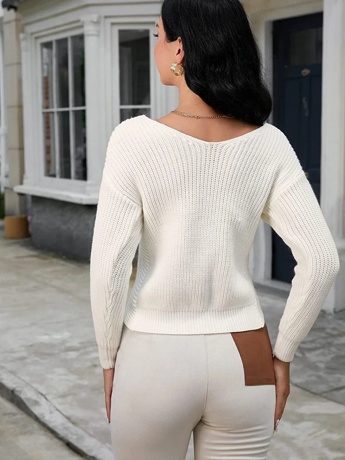 FashionSierra - Women's V-Neck Criss Cross Twisted Back Pullover Knitted Crop Sweater