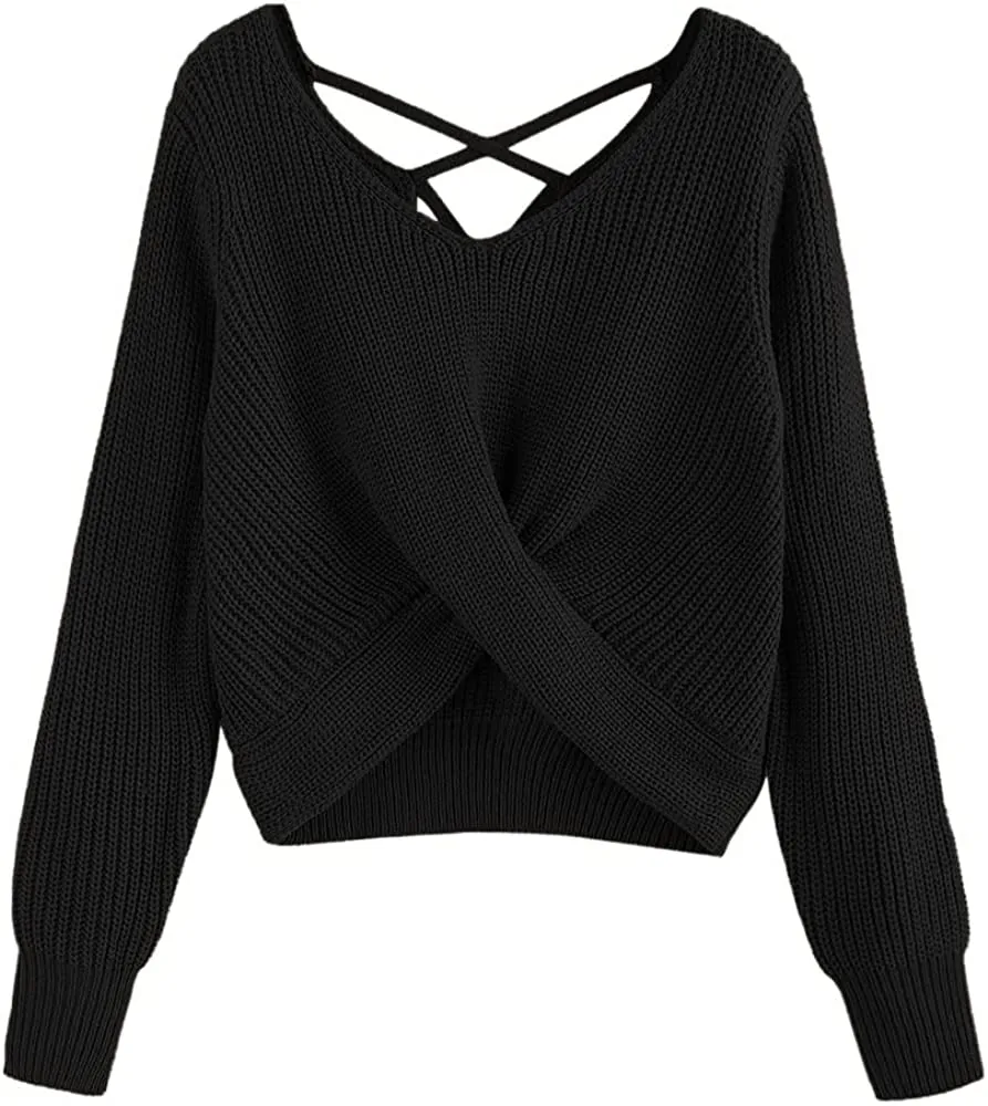 FashionSierra - Women's V-Neck Criss Cross Twisted Back Pullover Knitted Crop Sweater