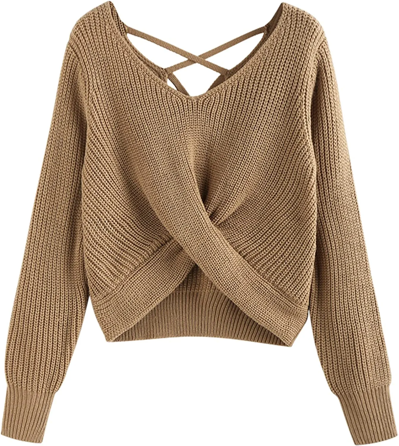FashionSierra - Women's V-Neck Criss Cross Twisted Back Pullover Knitted Crop Sweater