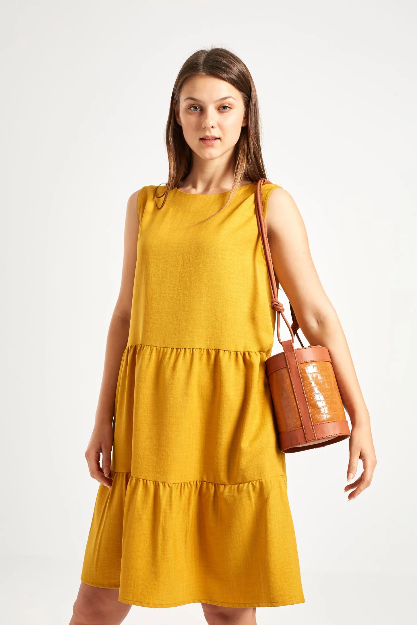 FLOWY RUFFLED DRESS - MUSTARD