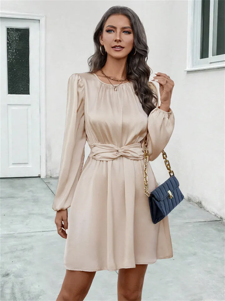 Flytonn-Graduation Gift Back to School Season Summer Vacation Dress Spring Outfit Fall and Winter New Fresh Sweet Women's Hot Round Neck Shrink Pleated Long-sleeved Dresses