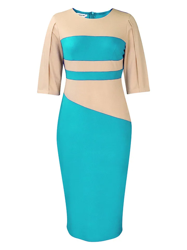 Flytonn-Graduation Gift Back to School Season Summer Vacation Dress Spring Outfit Solid Color Large Size Round Neck Pullover High Waist Pencil Skirt Women's Fashion Temperament Tongle Five-quarter Sleeve Color Blocking Hip Dresses