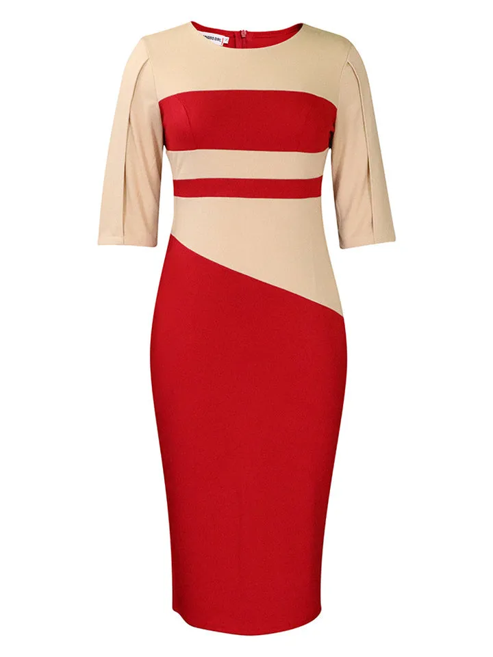 Flytonn-Graduation Gift Back to School Season Summer Vacation Dress Spring Outfit Solid Color Large Size Round Neck Pullover High Waist Pencil Skirt Women's Fashion Temperament Tongle Five-quarter Sleeve Color Blocking Hip Dresses
