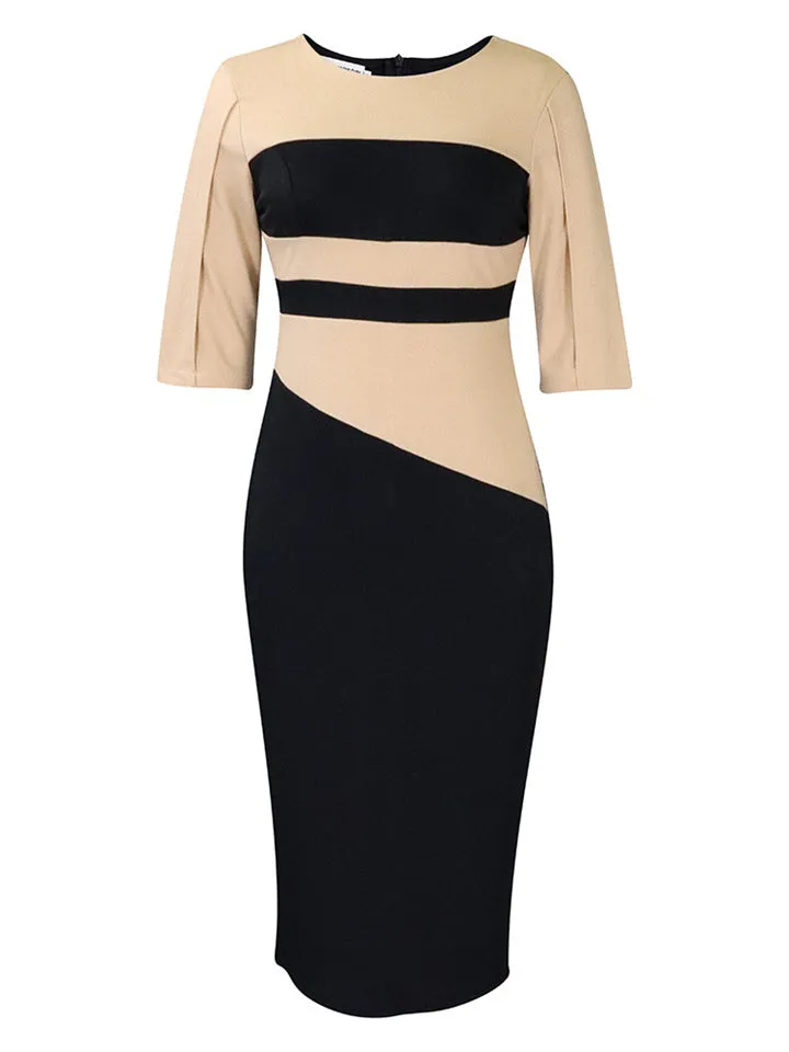 Flytonn-Graduation Gift Back to School Season Summer Vacation Dress Spring Outfit Solid Color Large Size Round Neck Pullover High Waist Pencil Skirt Women's Fashion Temperament Tongle Five-quarter Sleeve Color Blocking Hip Dresses