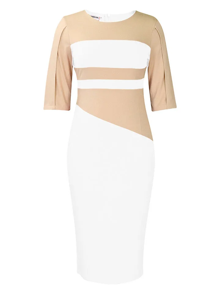 Flytonn-Graduation Gift Back to School Season Summer Vacation Dress Spring Outfit Solid Color Large Size Round Neck Pullover High Waist Pencil Skirt Women's Fashion Temperament Tongle Five-quarter Sleeve Color Blocking Hip Dresses