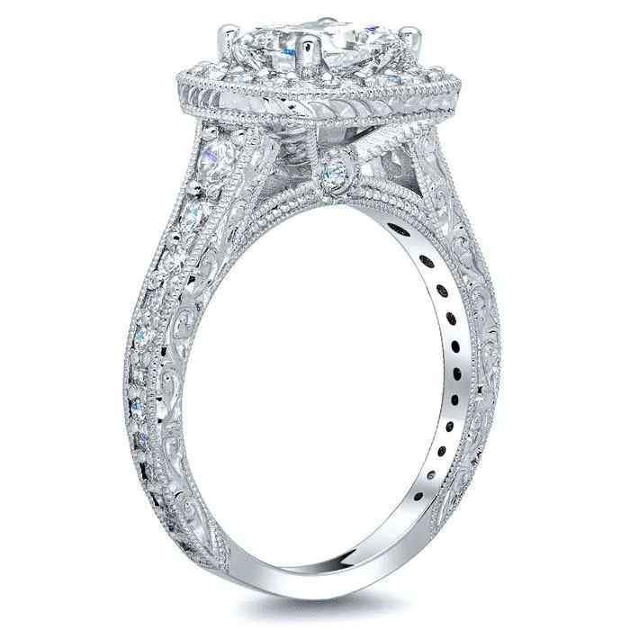 Hand Engraved Diamond Halo Engagement Ring
