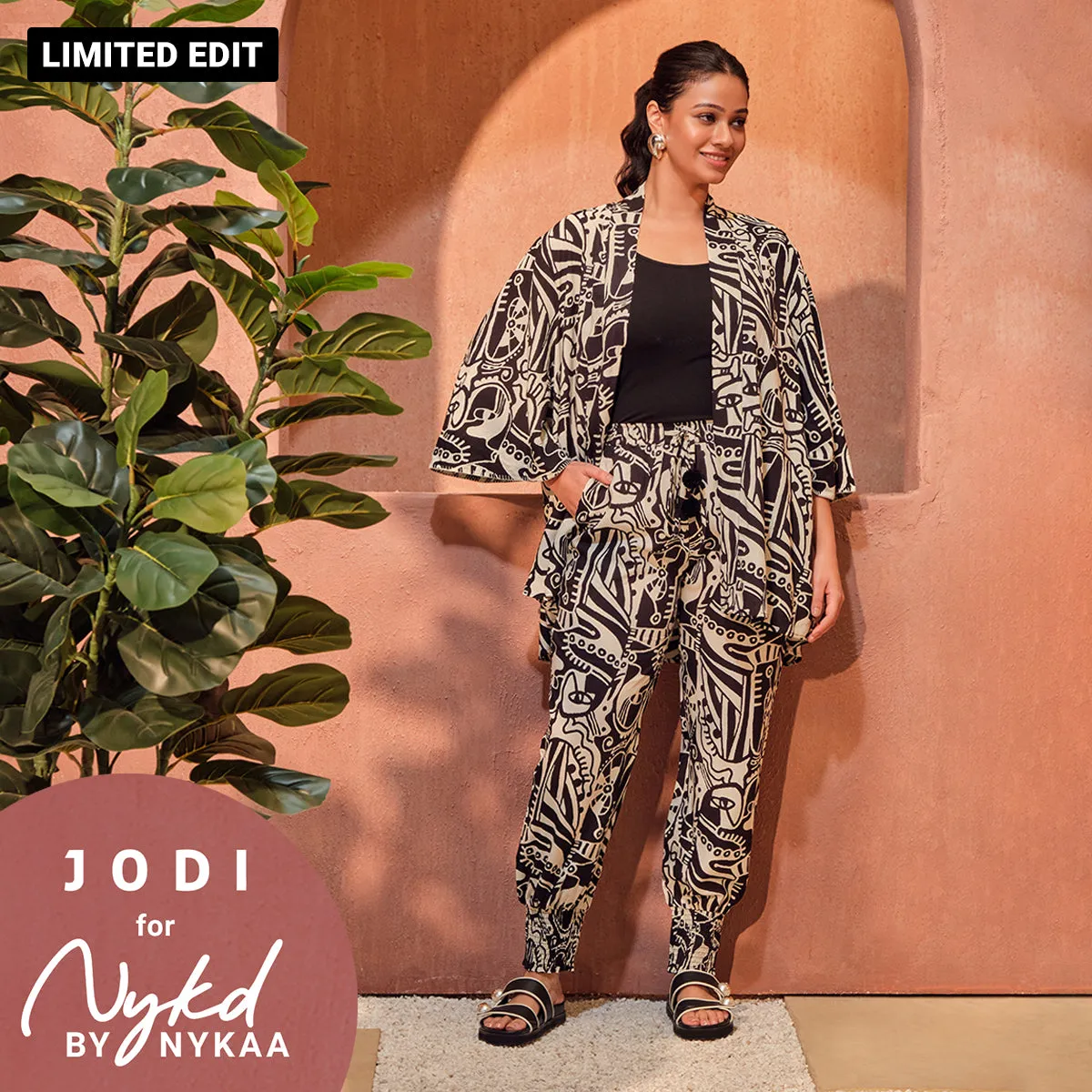 Jodi X Nykd Modal Shrug Jacket with Embroidered sleeves-NYJ10-Black & White Intertwined Print