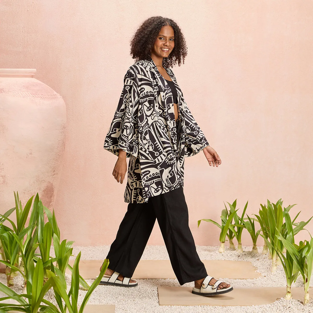 Jodi X Nykd Modal Shrug Jacket with Embroidered sleeves-NYJ10-Black & White Intertwined Print