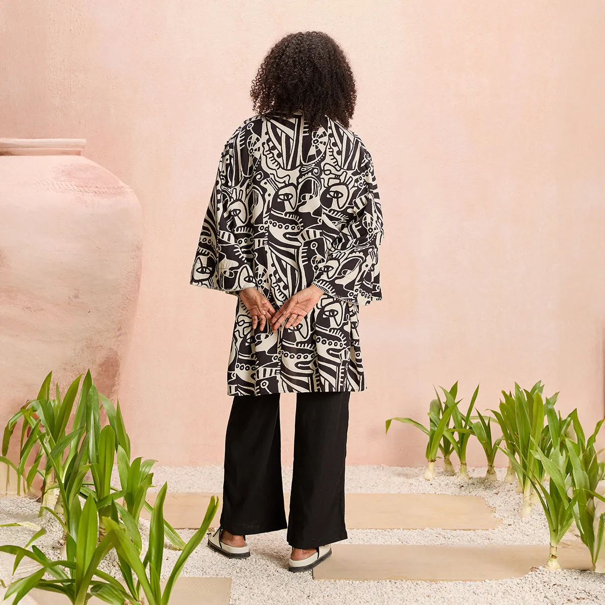 Jodi X Nykd Modal Shrug Jacket with Embroidered sleeves-NYJ10-Black & White Intertwined Print