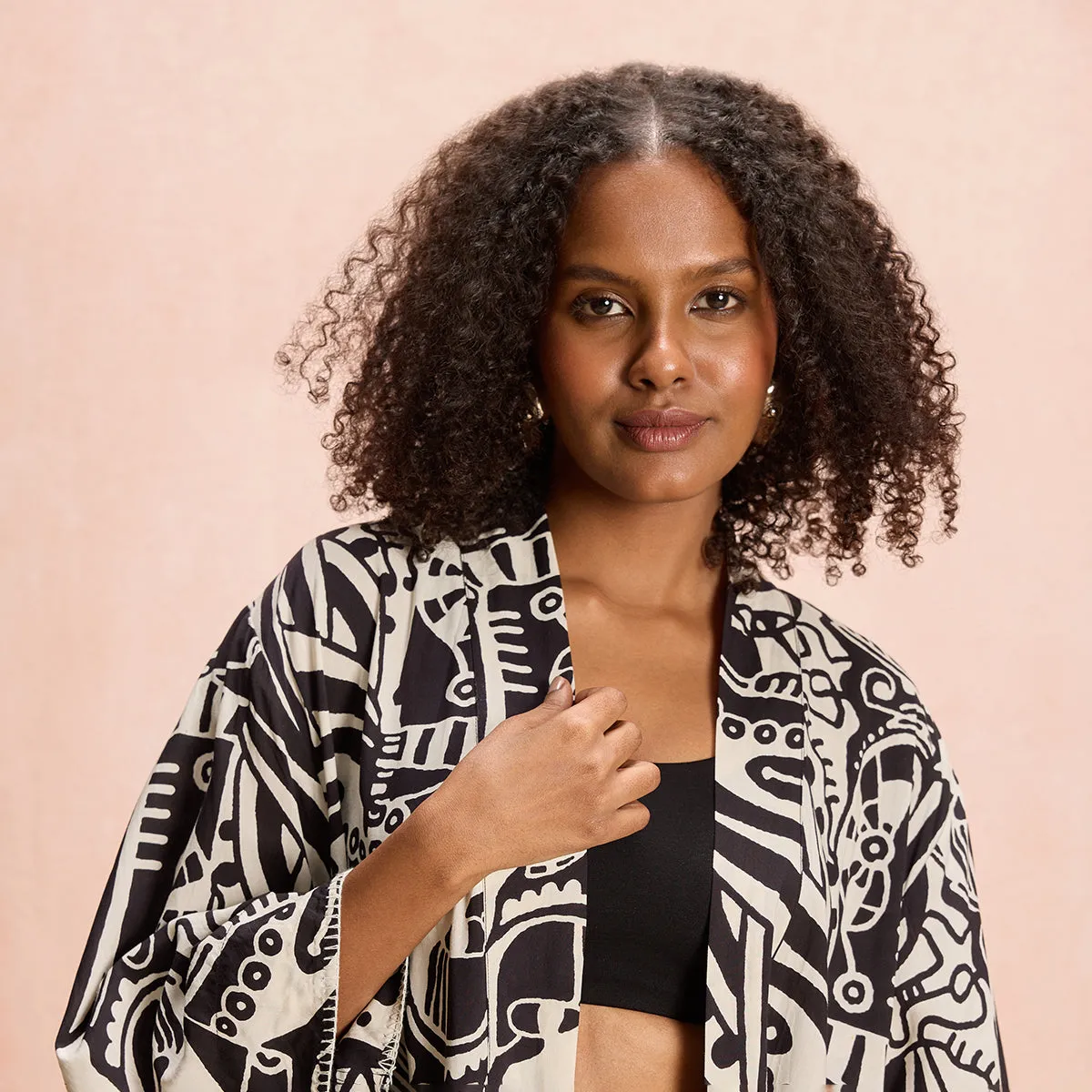 Jodi X Nykd Modal Shrug Jacket with Embroidered sleeves-NYJ10-Black & White Intertwined Print