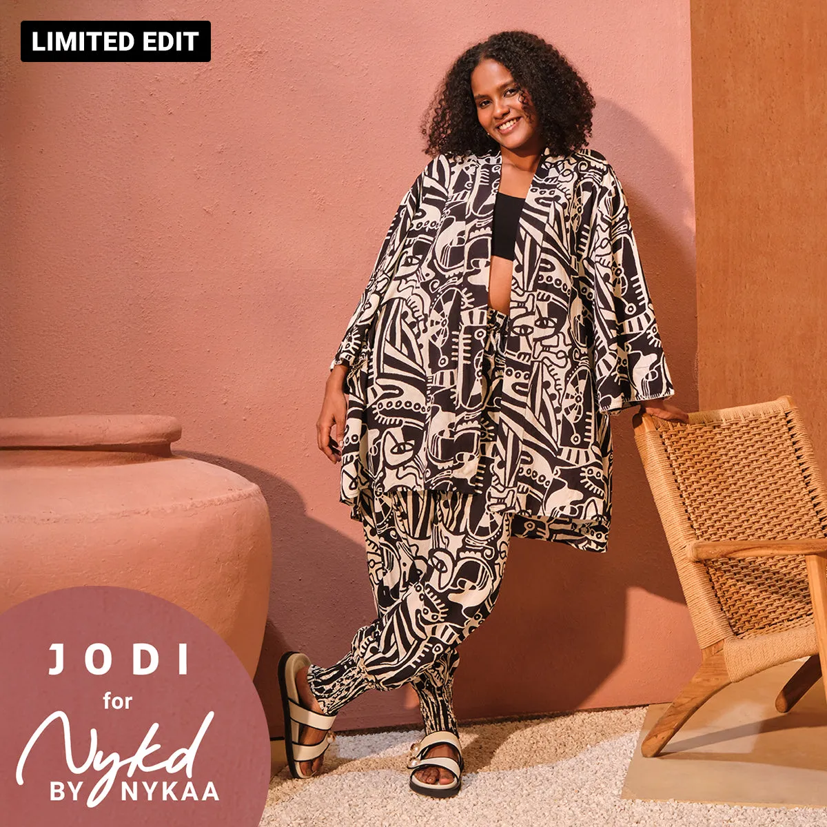 Jodi X Nykd Modal Shrug Jacket with Embroidered sleeves-NYJ10-Black & White Intertwined Print