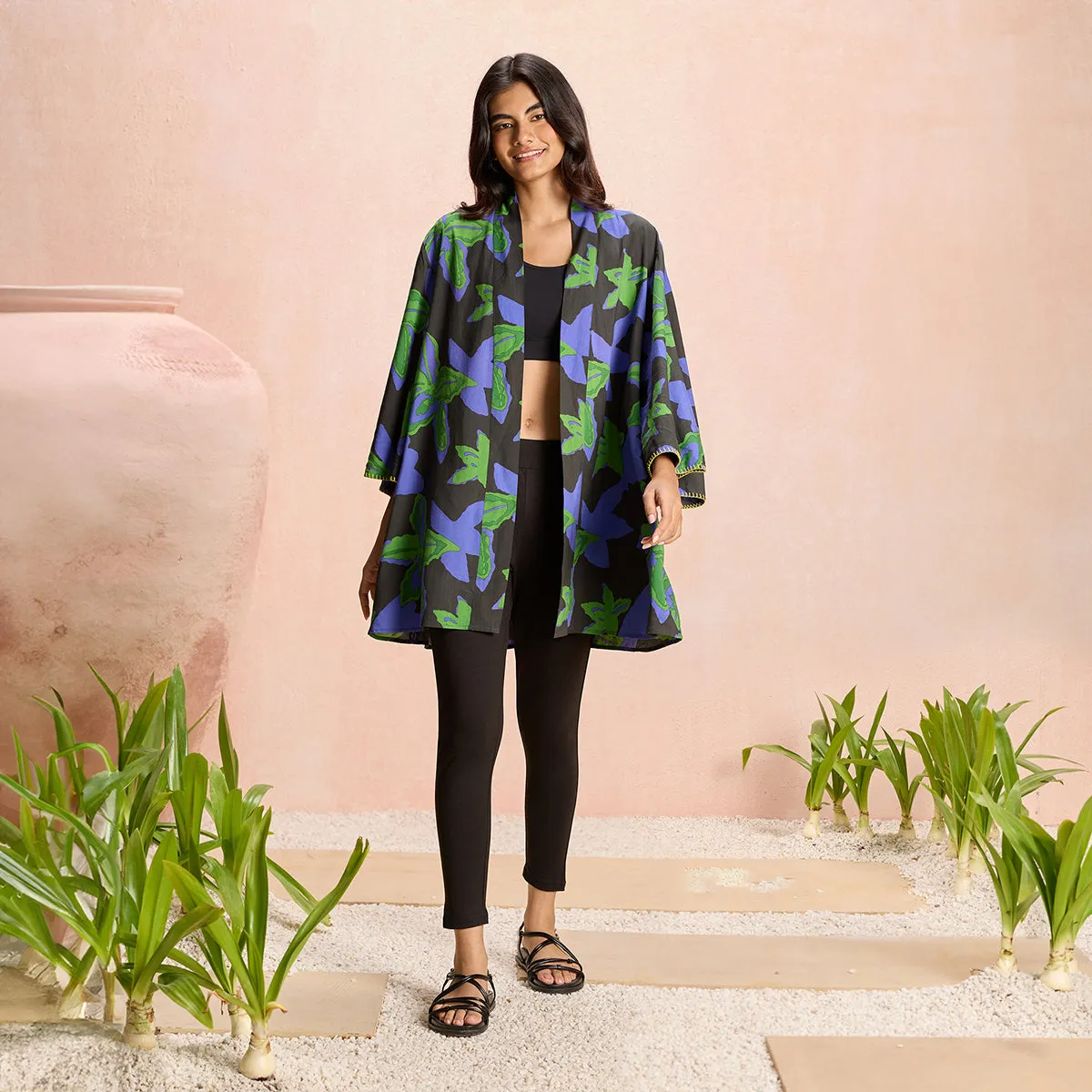 Jodi X Nykd Modal Shrug Jacket with Embroidered sleeves-NYJ10-Green Floral Print