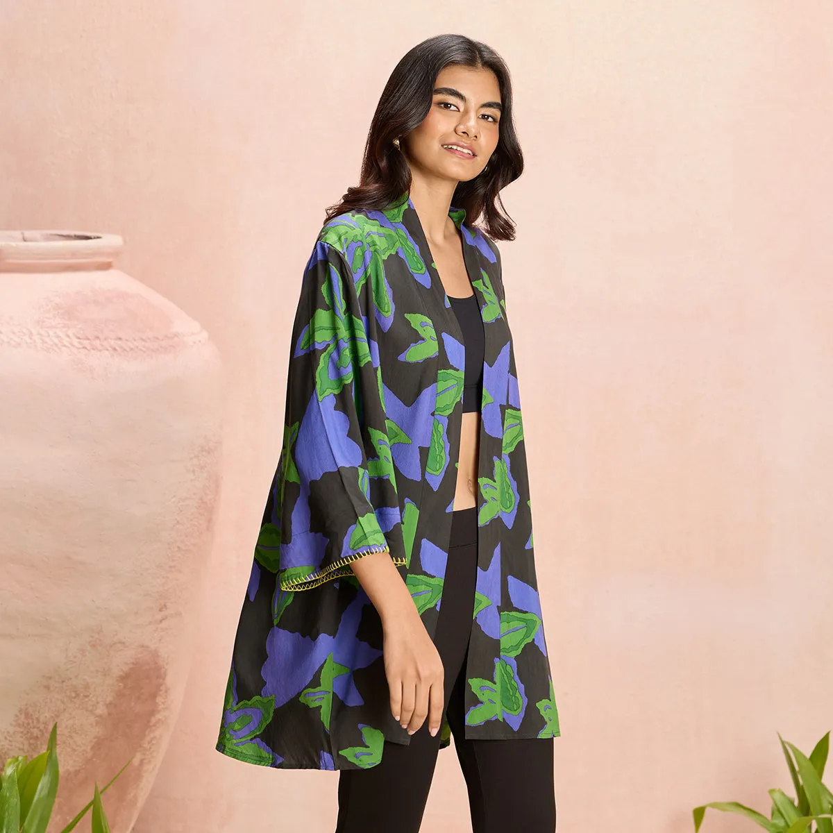 Jodi X Nykd Modal Shrug Jacket with Embroidered sleeves-NYJ10-Green Floral Print