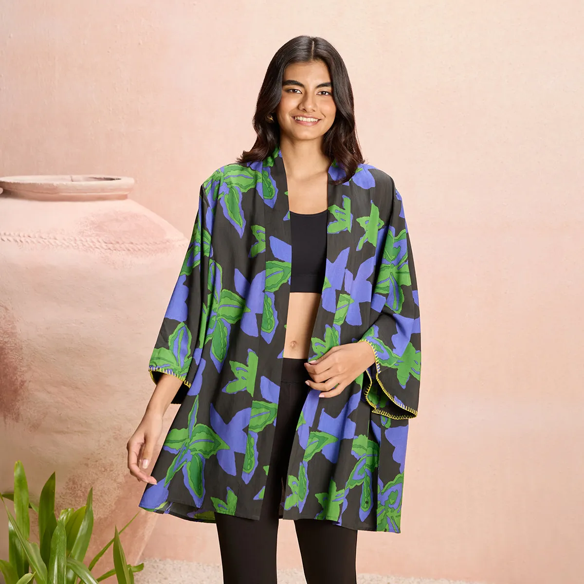 Jodi X Nykd Modal Shrug Jacket with Embroidered sleeves-NYJ10-Green Floral Print