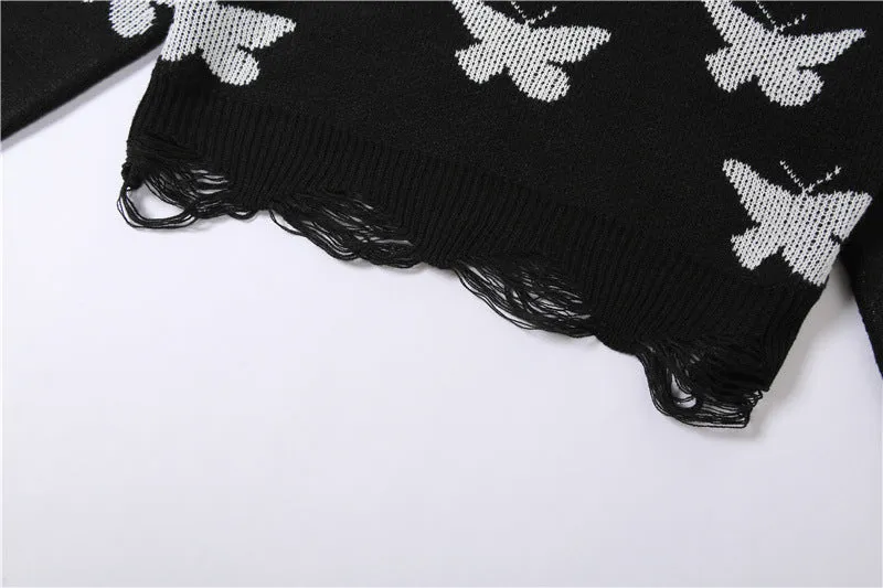 Loose crop ripped bottom round neck long sleeves knit top butterfly prints