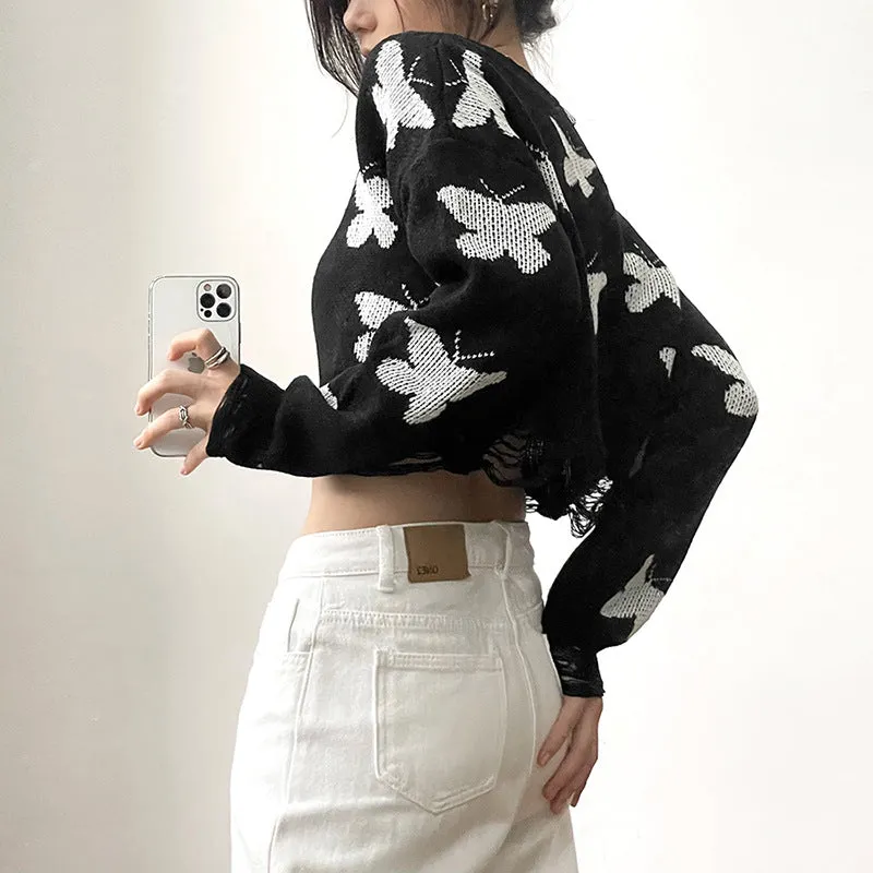 Loose crop ripped bottom round neck long sleeves knit top butterfly prints