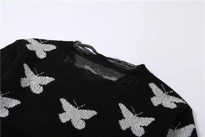 Loose crop ripped bottom round neck long sleeves knit top butterfly prints