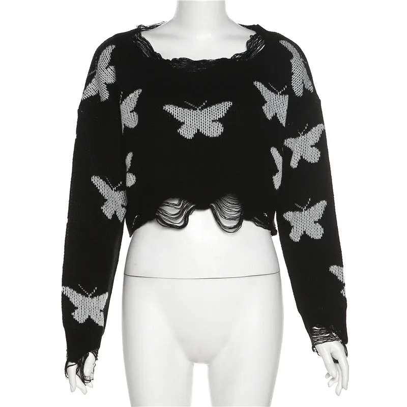 Loose crop ripped bottom round neck long sleeves knit top butterfly prints