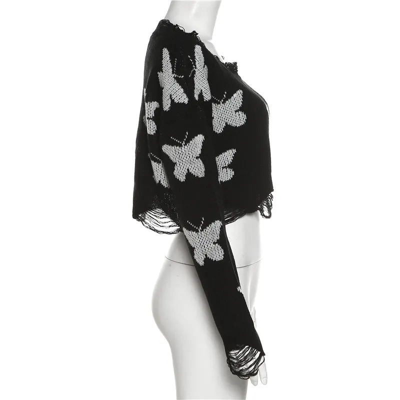 Loose crop ripped bottom round neck long sleeves knit top butterfly prints
