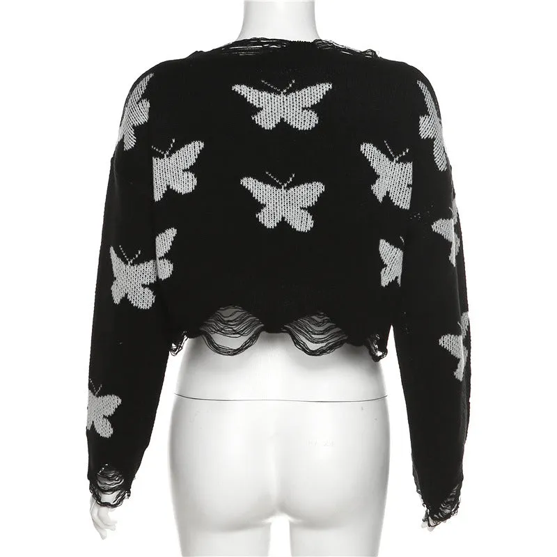 Loose crop ripped bottom round neck long sleeves knit top butterfly prints