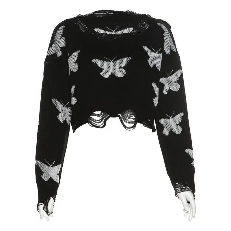 Loose crop ripped bottom round neck long sleeves knit top butterfly prints