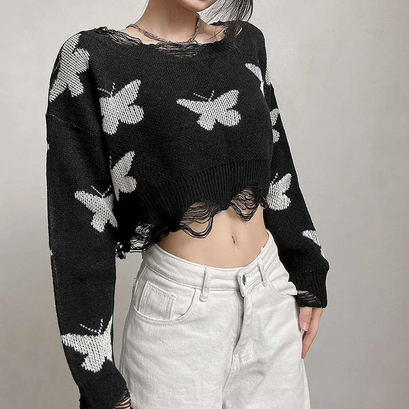 Loose crop ripped bottom round neck long sleeves knit top butterfly prints