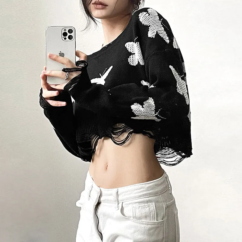 Loose crop ripped bottom round neck long sleeves knit top butterfly prints