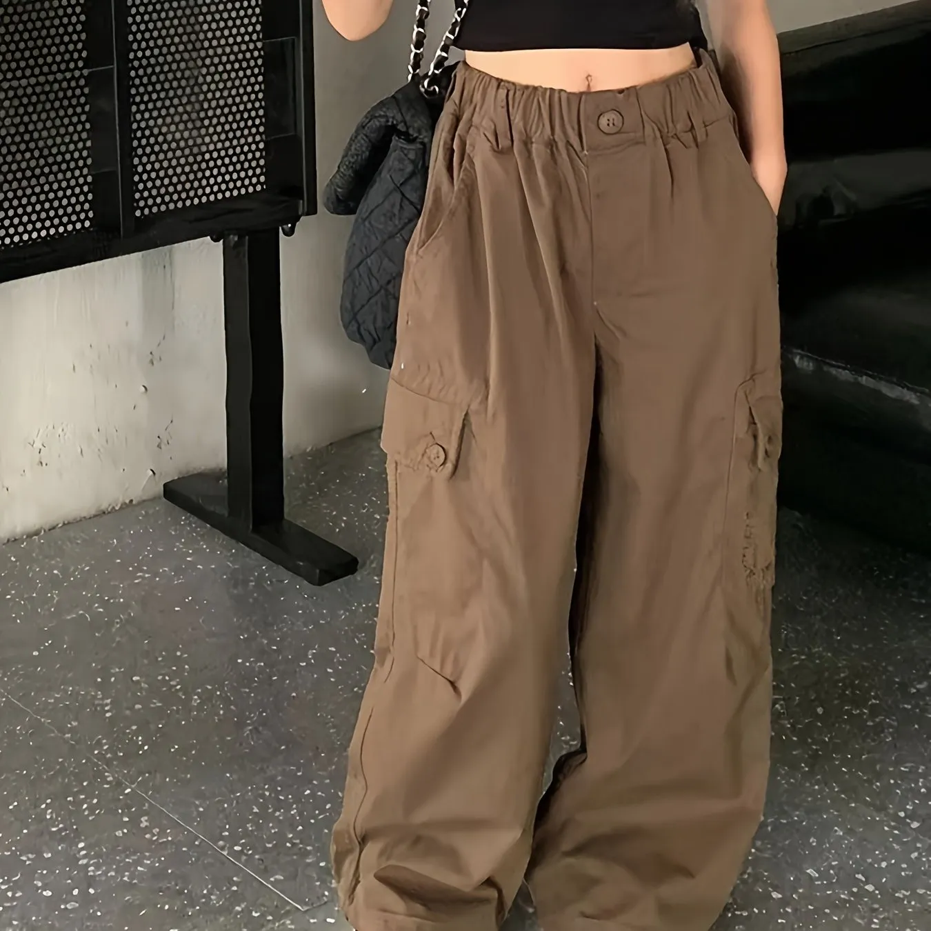 Loose Solid Colored Girls Cargo Pants with Flap Pockets for Spring & Summer, Versatile & Plain