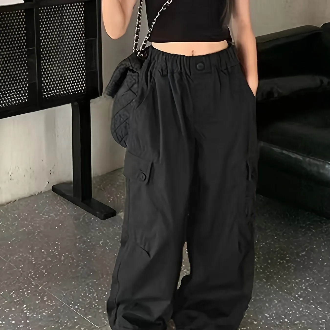 Loose Solid Colored Girls Cargo Pants with Flap Pockets for Spring & Summer, Versatile & Plain