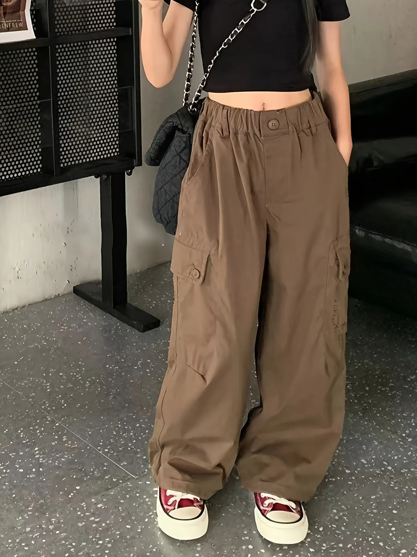 Loose Solid Colored Girls Cargo Pants with Flap Pockets for Spring & Summer, Versatile & Plain