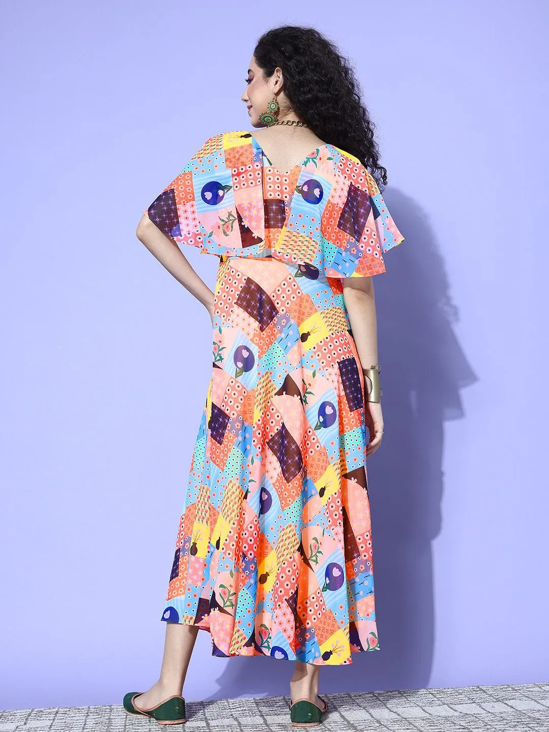 Multi Colour Abstract Printed V-Neck A-Line Dress