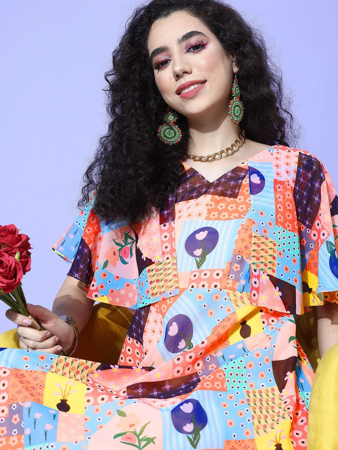 Multi Colour Abstract Printed V-Neck A-Line Dress