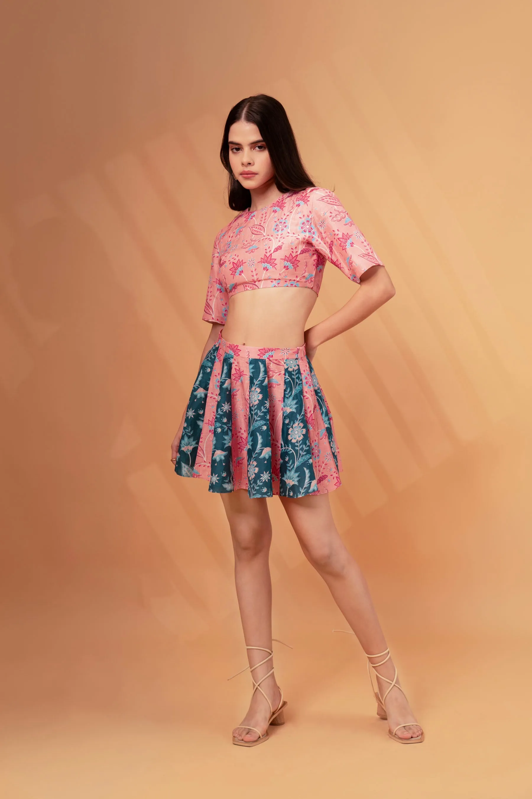 Patched Flare Linen Mini Skirt