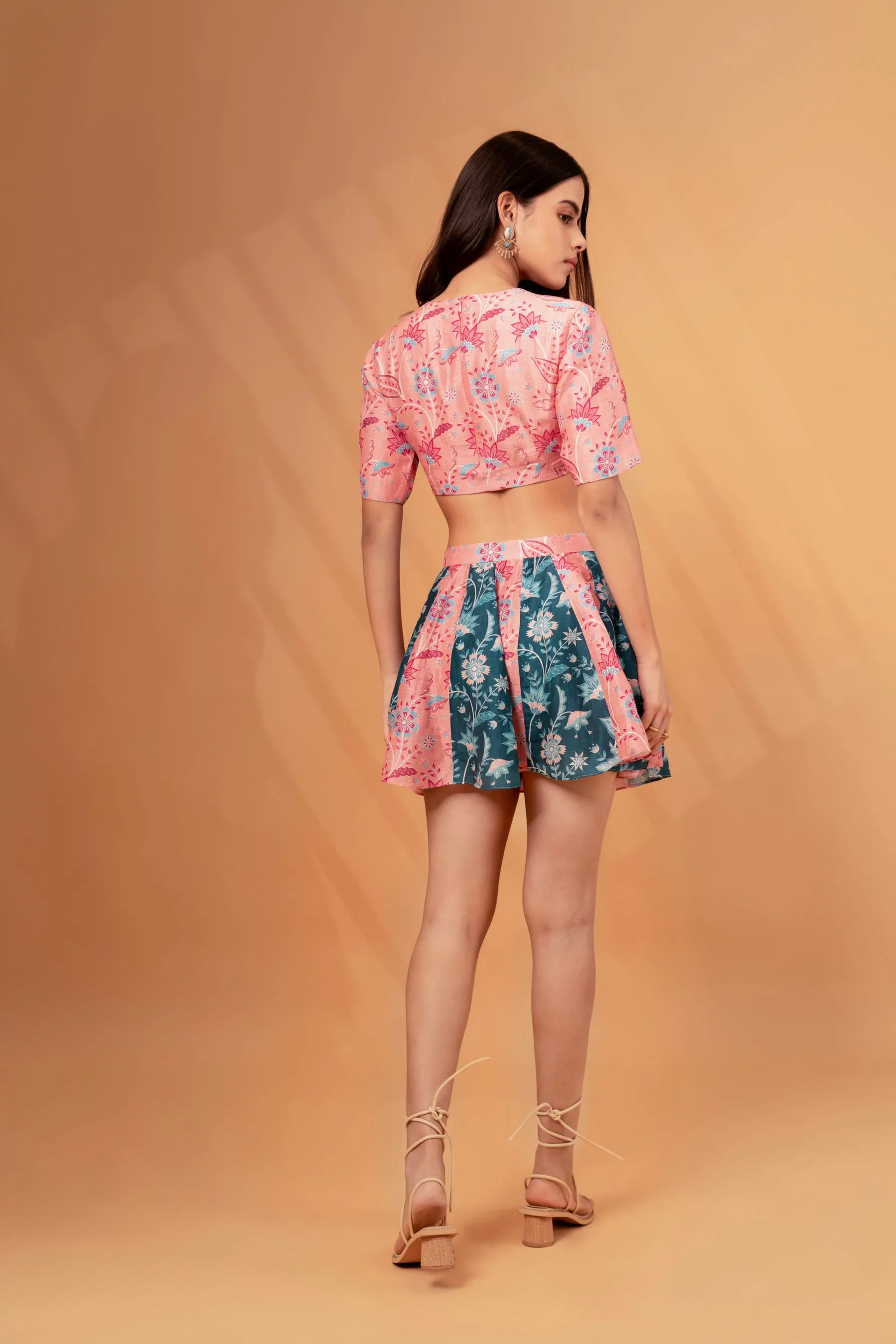 Patched Flare Linen Mini Skirt