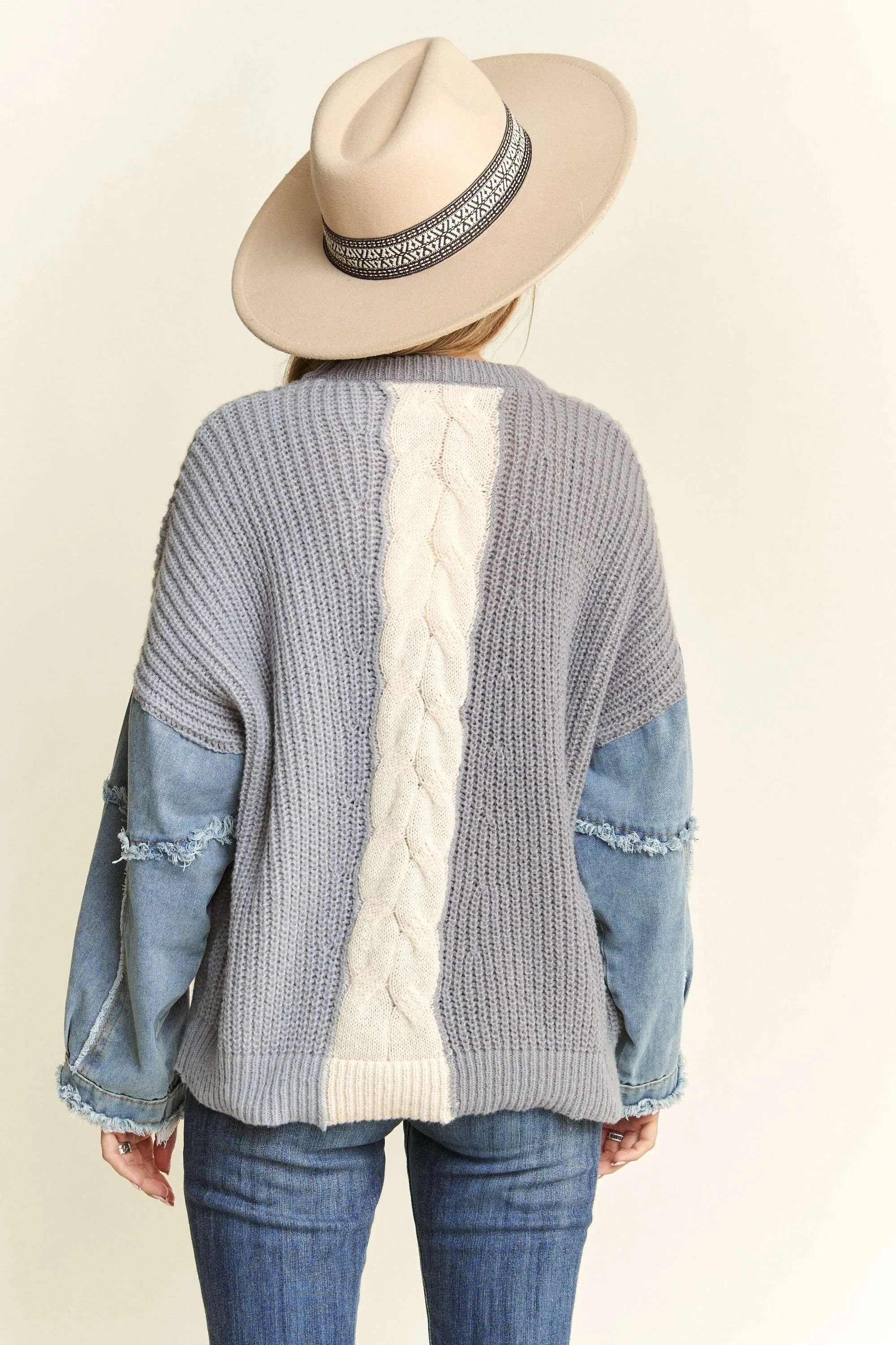 Plus Frayed Denim Sleeve Knit Color Block Sweater Top