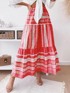 Retro Aztec Geo Printed Tiered Ruffle Maxi Skirt